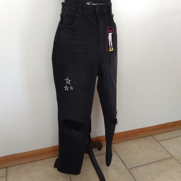 New Juniors 13 Black Jeans  Super High Rise Destructed Embroidered Stars - Picture 9 of 14